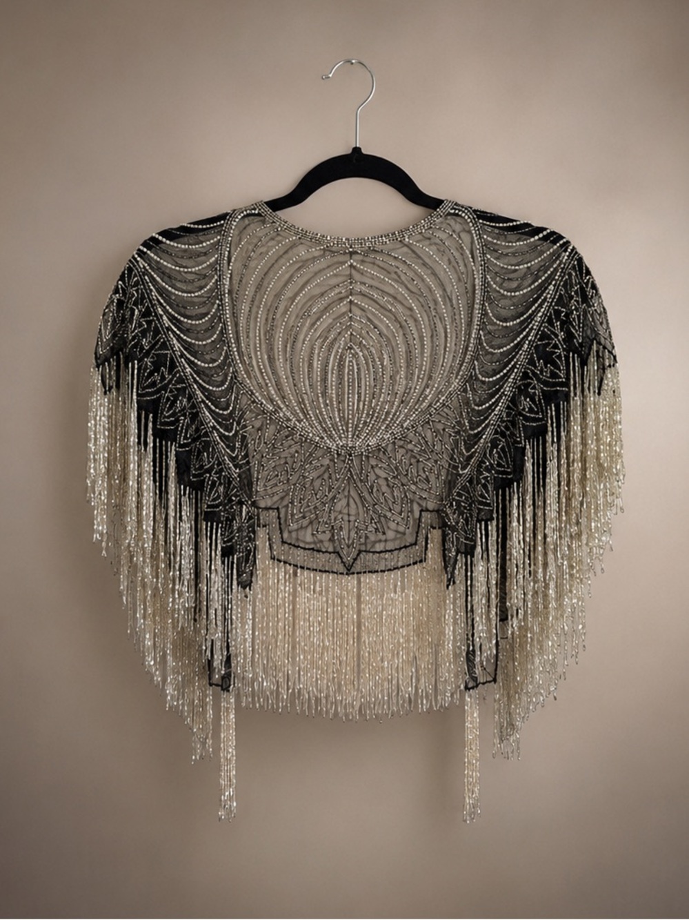 Vintage Handmade Beaded Fringe Shawl Cape Art Deco Never Used w/Spare Beads